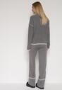 Szary Dzianinowy Komplet Szerokie Spodnie i Sweter z Kieszonkami i Lamówką Wedisena