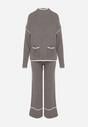 Szary Dzianinowy Komplet Szerokie Spodnie i Sweter z Kieszonkami i Lamówką Wedisena
