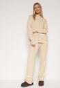 Jasnobeżowy Dzianinowy Komplet Szerokie Spodnie i Sweter z Kieszonkami i Lamówką Wedisena