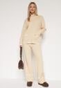 Jasnobeżowy Dzianinowy Komplet Szerokie Spodnie i Sweter z Kieszonkami i Lamówką Wedisena
