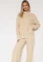 Jasnobeżowy Dzianinowy Komplet Szerokie Spodnie i Sweter z Kieszonkami i Lamówką Wedisena