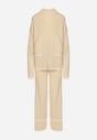 Jasnobeżowy Dzianinowy Komplet Szerokie Spodnie i Sweter z Kieszonkami i Lamówką Wedisena