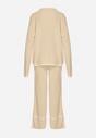 Jasnobeżowy Dzianinowy Komplet Szerokie Spodnie i Sweter z Kieszonkami i Lamówką Wedisena
