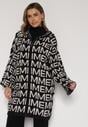 Czarno-Biały Rozpinany Kardigan z Kapturem z Motywem Liter Belletusa
