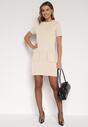 Jasnobeżowa Trapezowa Sukienka Sweterkowa Ozdobiona Perełkami Eletusa