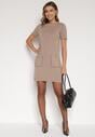 Beżowa Trapezowa Sukienka Sweterkowa Ozdobiona Perełkami Eletusa
