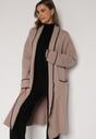 Beżowy Długi Niezapinany Kardigan Ozdobiony Lamówką Veritusa