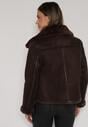 Brązowa Kurtka Biker z Imitacji Zamszu z Futrzanymi Mankietami i Kołnierzem Awedine