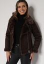 Brązowa Kurtka Biker z Imitacji Zamszu z Futrzanymi Mankietami i Kołnierzem Awedine