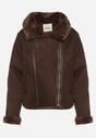 Brązowa Kurtka Biker z Imitacji Zamszu z Futrzanymi Mankietami i Kołnierzem Awedine