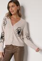 Beżowy Kardigan na Guziki w Haftowane Kwiaty Tustara