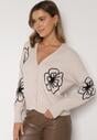Beżowy Kardigan na Guziki w Haftowane Kwiaty Tustara