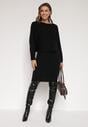 Czarny Dzianinowy Komplet Prążkowany Sukienka i Sweter o Kroju Nietoperz Wederela