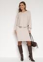 Ciemnobeżowy Dzianinowy Komplet Prążkowany Sukienka i Sweter o Kroju Nietoperz Wederela