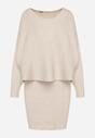 Ciemnobeżowy Dzianinowy Komplet Prążkowany Sukienka i Sweter o Kroju Nietoperz Wederela