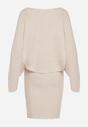 Ciemnobeżowy Dzianinowy Komplet Prążkowany Sukienka i Sweter o Kroju Nietoperz Wederela