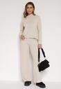Jasnobeżowe Dzianinowe Spodnie o Szerokim Kroju ze Sznurkami Melatusa