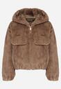 Jasnobrązowa Futrzana Kurtka Bomberka z Kapturem i Ozdobną Imitacją Kieszeni Awedalia