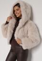Beżowa Futrzana Kurtka z Nieodpinanym Kapturem Zetena
