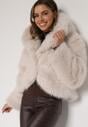 Beżowa Futrzana Kurtka z Nieodpinanym Kapturem Zetena