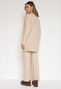 Beżowy Prążkowany Komplet Dzianinowy z Bawełną Sweter z Półgolfem i Spodnie Elweda