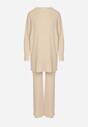 Beżowy Prążkowany Komplet Dzianinowy z Bawełną Sweter z Półgolfem i Spodnie Elweda