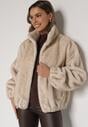 Beżowa Kurtka Futerko o Kroju Bomberki z Kieszeniami Tiwedara