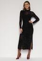 Czarna Dopasowana Sukienka z Dodatkiem Wiskozy i Welurowymi Kwiatami Vetielle