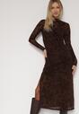 Brązowa Dopasowana Sukienka z Dodatkiem Wiskozy i Welurowymi Kwiatami Vetielle