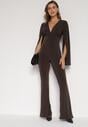 Brązowy Długi Kombinezon z Szerokimi Rękawami i Odkrytymi Plecami Dasima