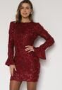 Bordowa Cekinowa Sukienka z Kwiatami 3D Naweda