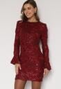 Bordowa Cekinowa Sukienka z Kwiatami 3D Naweda