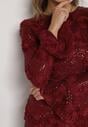 Bordowa Cekinowa Sukienka z Kwiatami 3D Naweda
