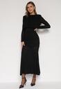 Czarna Taliowana Sukienka z Bufiastą Górą Gumką w Pasie i Cyrkoniami Inweda