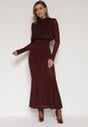 Bordowa Taliowana Sukienka z Bufiastą Górą Gumką w Pasie i Cyrkoniami Inweda