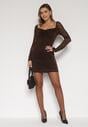 Brązowa Koronkowa Sukienka o Dopasowanym Kroju z Kwadratowym Dekoltem Tiwedesa