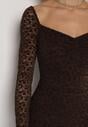 Brązowa Koronkowa Sukienka o Dopasowanym Kroju z Kwadratowym Dekoltem Tiwedesa