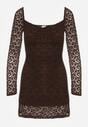 Brązowa Koronkowa Sukienka o Dopasowanym Kroju z Kwadratowym Dekoltem Tiwedesa