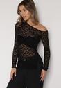 Czarna Koronkowa Bluzka z Długim Rękawem i Asymetrycznym Dekoltem Liwedara