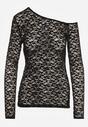Czarna Koronkowa Bluzka z Długim Rękawem i Asymetrycznym Dekoltem Liwedara