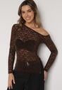 Brązowa Koronkowa Bluzka z Długim Rękawem i Asymetrycznym Dekoltem Liwedara
