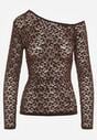 Brązowa Koronkowa Bluzka z Długim Rękawem i Asymetrycznym Dekoltem Liwedara