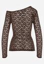 Brązowa Koronkowa Bluzka z Długim Rękawem i Asymetrycznym Dekoltem Liwedara