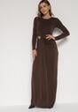 Brązowa Taliowana Sukienka o Eleganckim Kroju z Marszczeniem i Aplikacją Sewedina