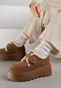 Jasnobrązowe Śniegowce na Grubej Podeszwie z Paskiem z Klamerką i Futerkiem Uwedina