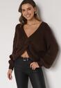 Brązowy Sweter Oversize z Domieszką Wełny z Oryginalnym Dekoltem Lawedia