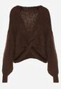 Brązowy Sweter Oversize z Domieszką Wełny z Oryginalnym Dekoltem Lawedia