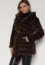 Brązowa Futrzana Kurtka z Nieodpinanym Kapturem i Paskiem Zetova