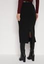 Czarna Ołówkowa Spódnica z Wiskozą Zdobiona Rozcięciem i Paskiem Rowedela