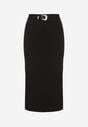 Czarna Ołówkowa Spódnica z Wiskozą Zdobiona Rozcięciem i Paskiem Rowedela